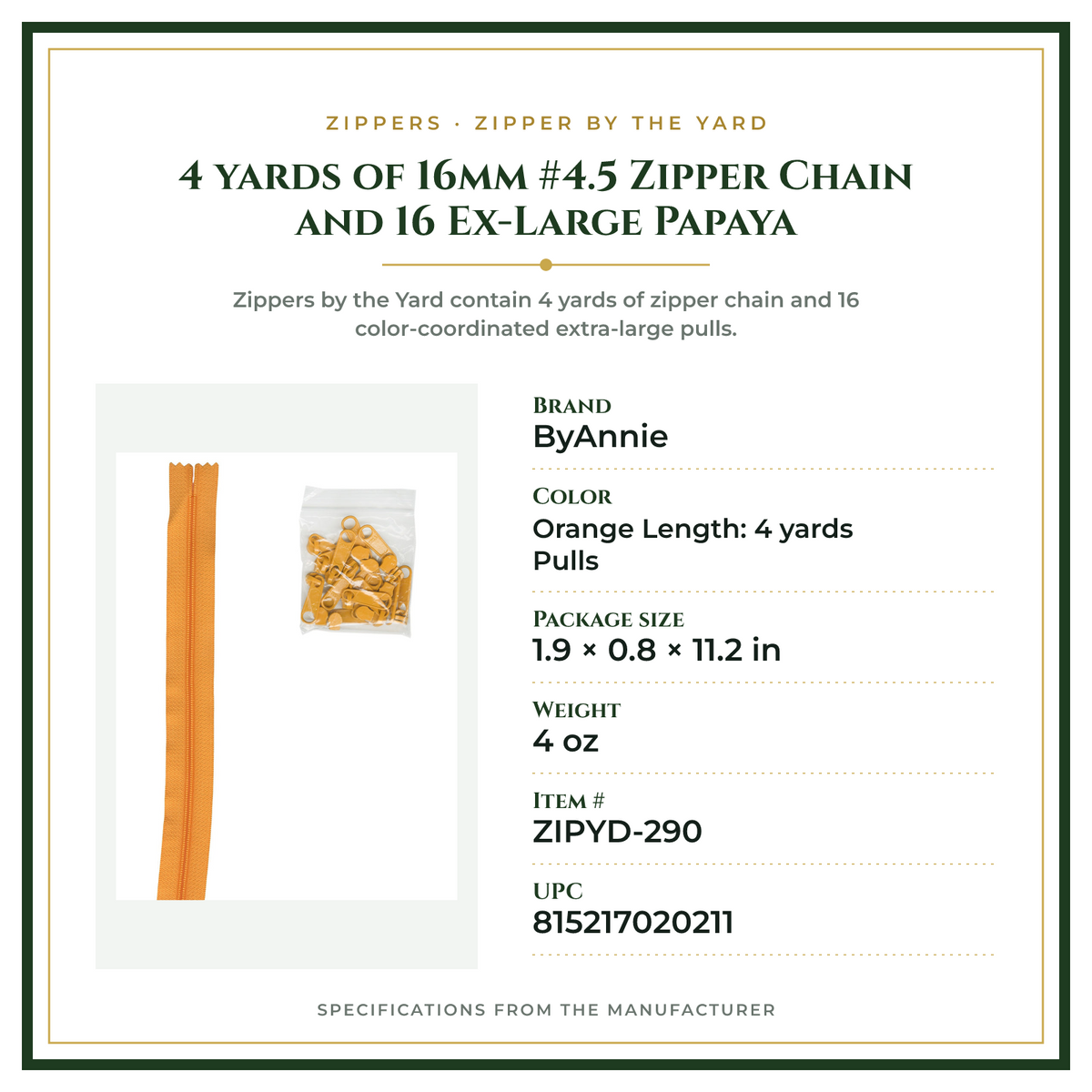 Product Specifications – 4 yards of 16mm #4.5 Zipper Chain and 16 Ex-Large Papaya