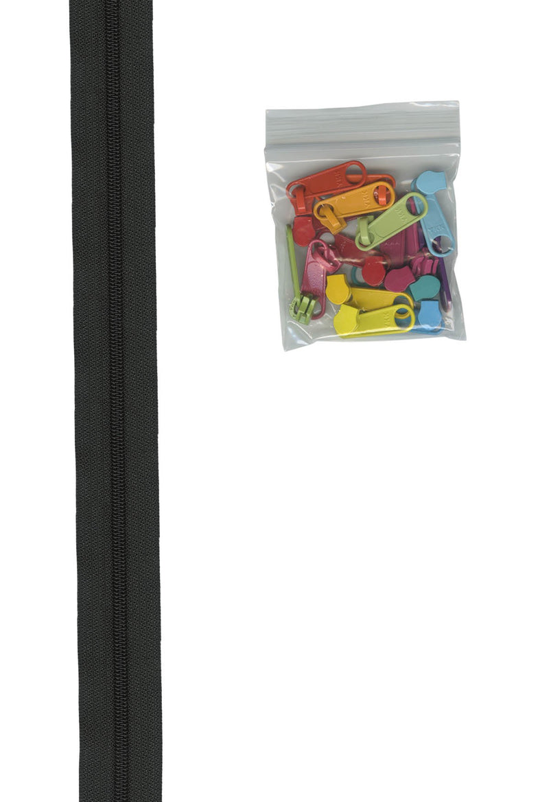 4 yards of 16mm #4.5 zipper chain and 16 Ex-Large Pulls Black with 16 Mult pulls