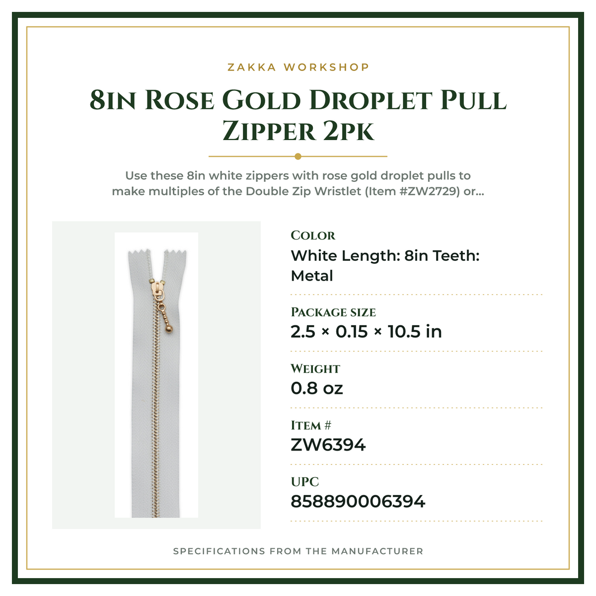 Product Specifications – 8in Rose Gold Droplet Pull Zipper 2pk
