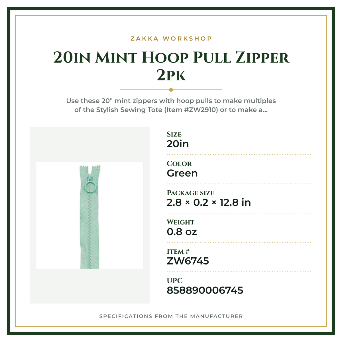 Product Specifications – 20in Mint Hoop Pull Zipper 2pk