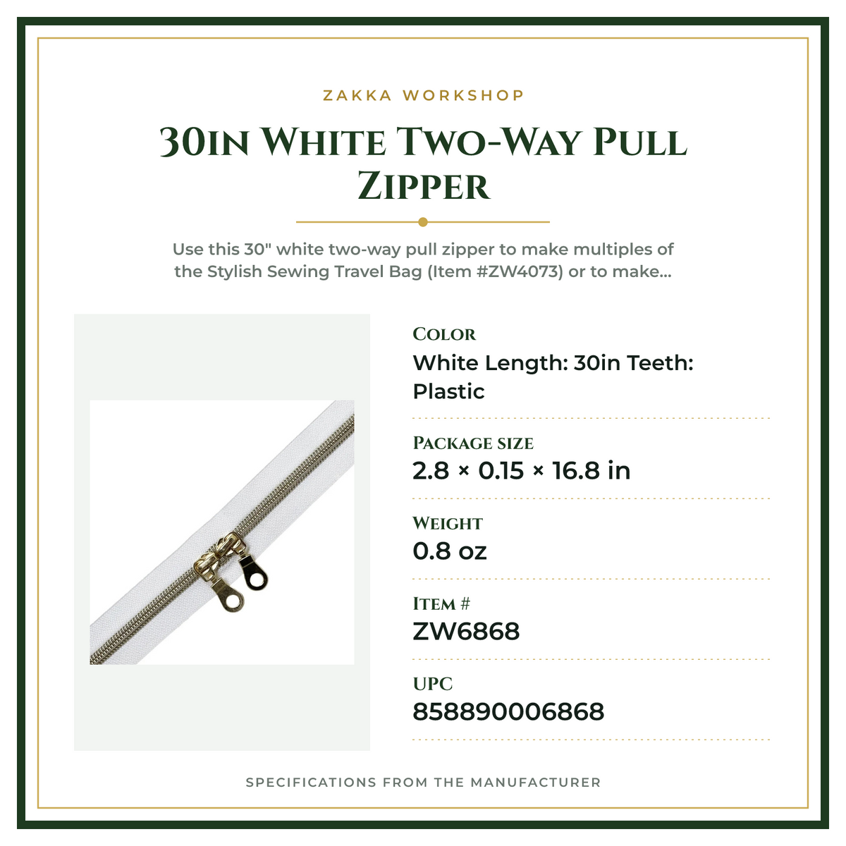 Product Specifications – 30in White Two-Way Pull Zipper