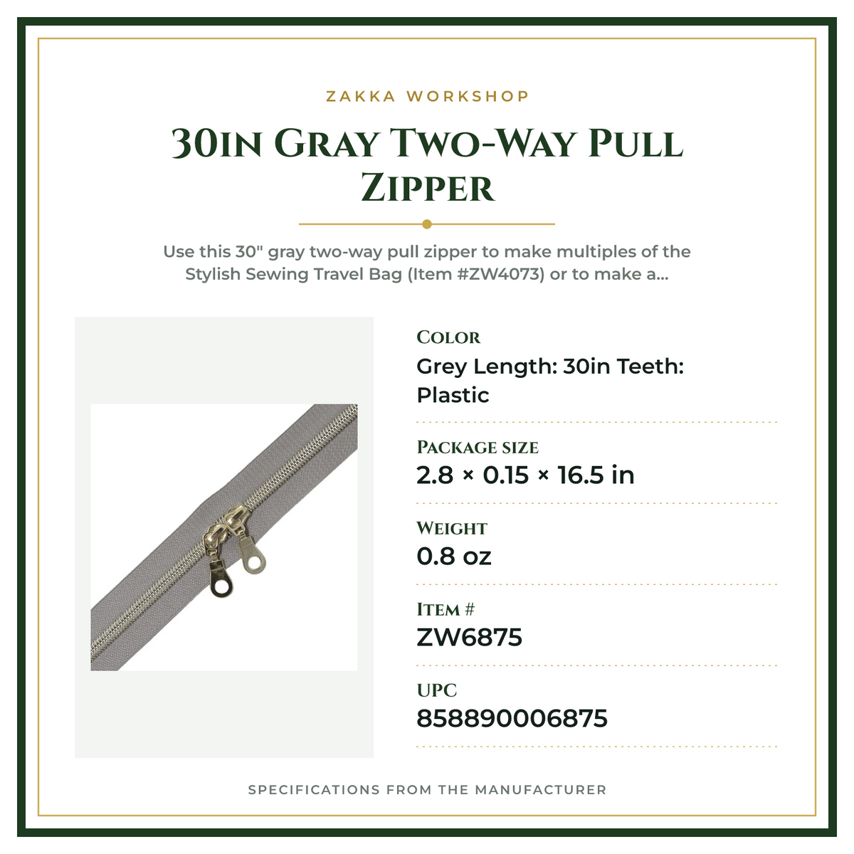 Product Specifications – 30in Gray Two-Way Pull Zipper
