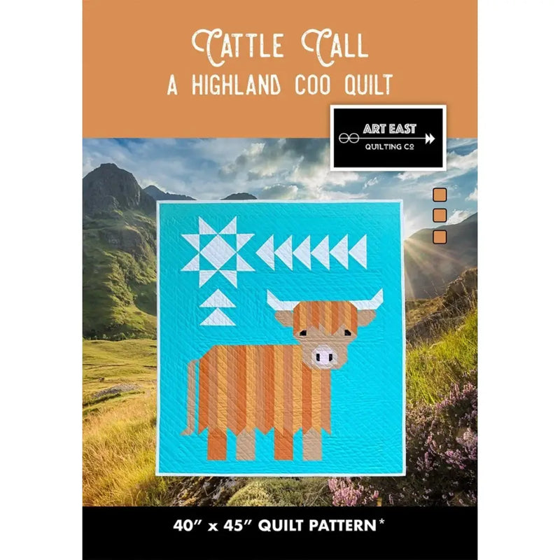 Quilt pattern featuring a geometric Highland Coo on a turquoise background