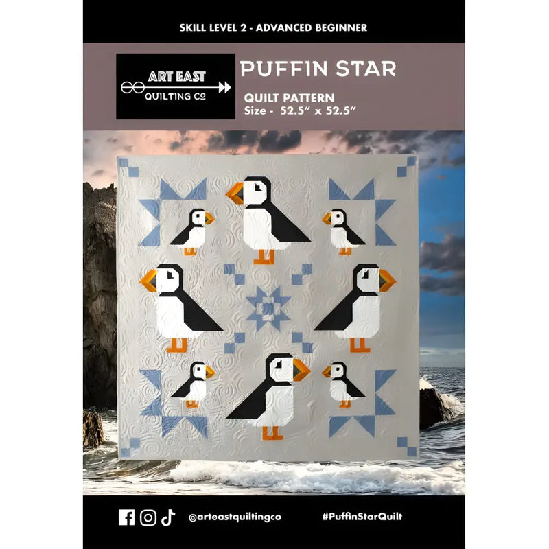 Puffin Star Quilt pattern featuring puffins and blue star blocks by Art East Quilting