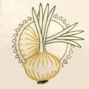 Hand-drawn onion with green shoots from Aunt Martha’s Eight Colorful Vegetable Motifs