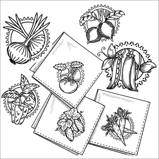 Black and white botanical sketches of colorful vegetable motifs from Aunt Martha’s collection