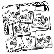 Collection of cartoon chicken illustrations with rhyming labels from Aunt Martha’s Barnyard Romance