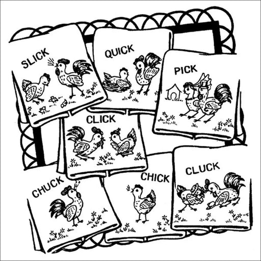 Collection of cartoon chicken illustrations with rhyming labels from Aunt Martha’s Barnyard Romance