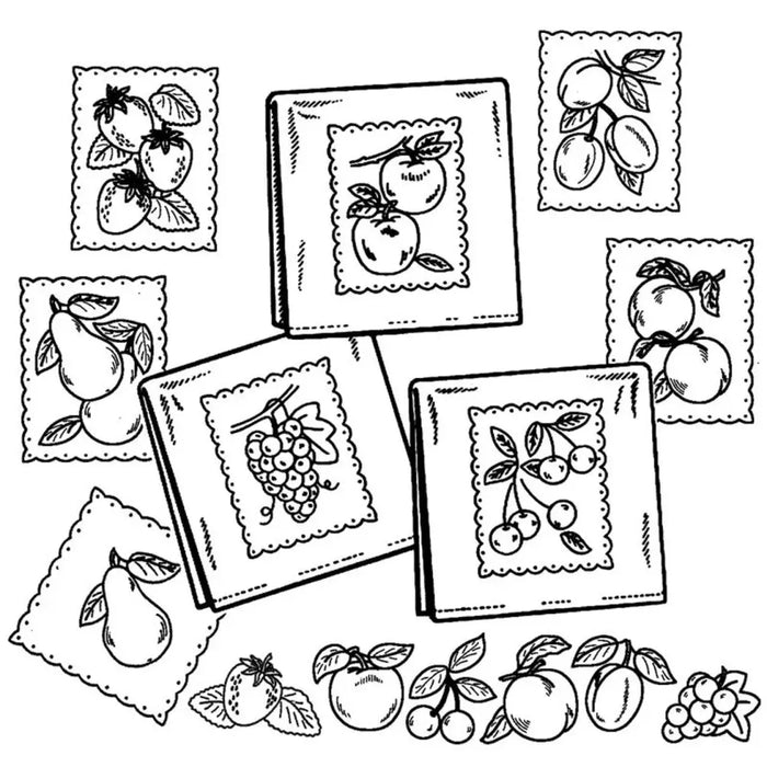 Collection of framed fruit sketches and loose fruit drawings on Aunt Martha’s fruit tea towels