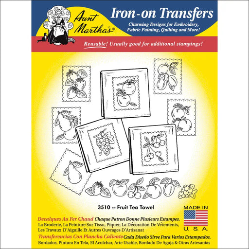 Iron-on transfer pattern sheet with fruit designs for Aunt Martha’s Fruit Tea Towels