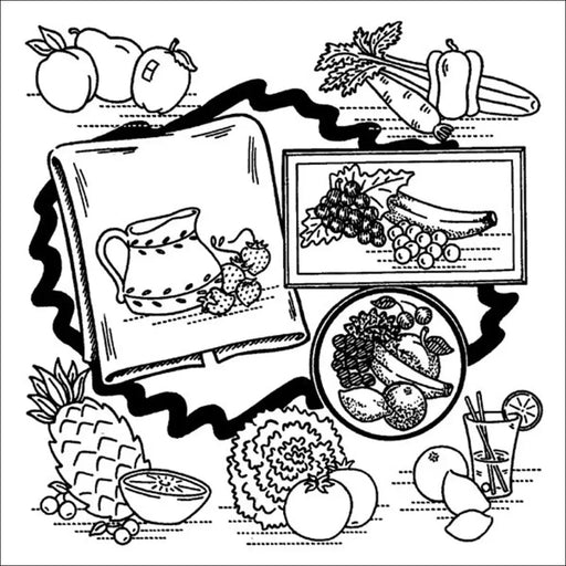 Black and white line drawing of fruit & vegetable motifs from Aunt Martha’s 3632 collection
