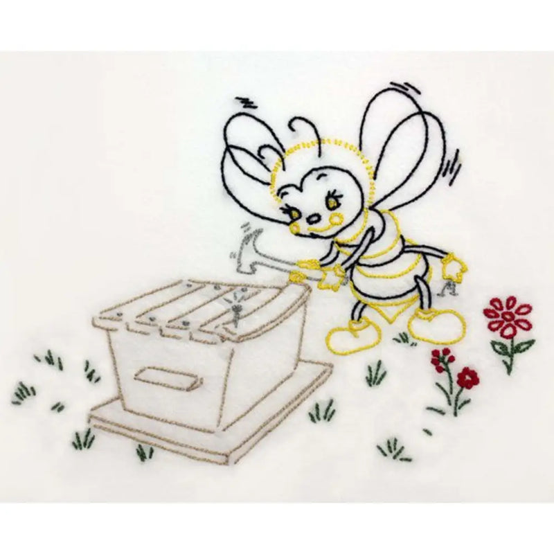 Cute cartoon bee near a beehive box from Aunt Martha’s Busy Bee collection