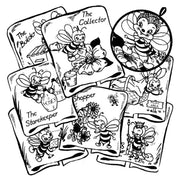 Collection of cartoon trading cards featuring busy bee characters from Aunt Martha’s
