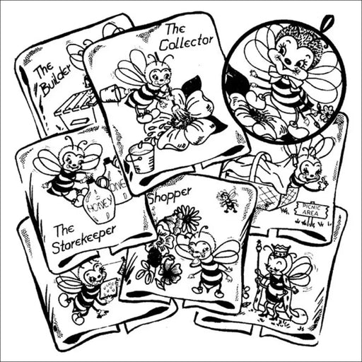 Collection of cartoon trading cards featuring busy bee characters from Aunt Martha’s