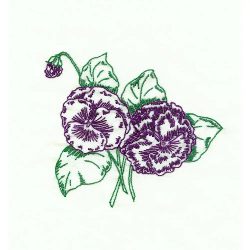 Purple pansies with green leaves in a sketch style from Aunt Martha’s Eight Flowers
