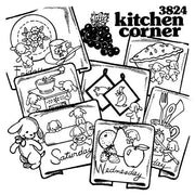Black and white kitchen corner collage by Aunt Martha’s featuring food items and days of the week