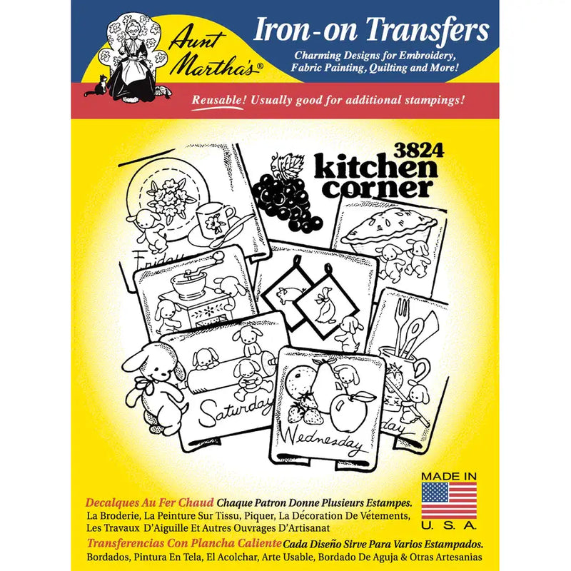 Iron-on transfer sheet featuring Aunt Martha’s Kitchen Corner daily calendar designs