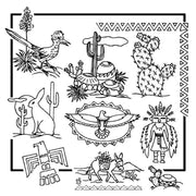 Line art collection of Southwestern themes featuring cacti and pottery by Aunt Martha’s