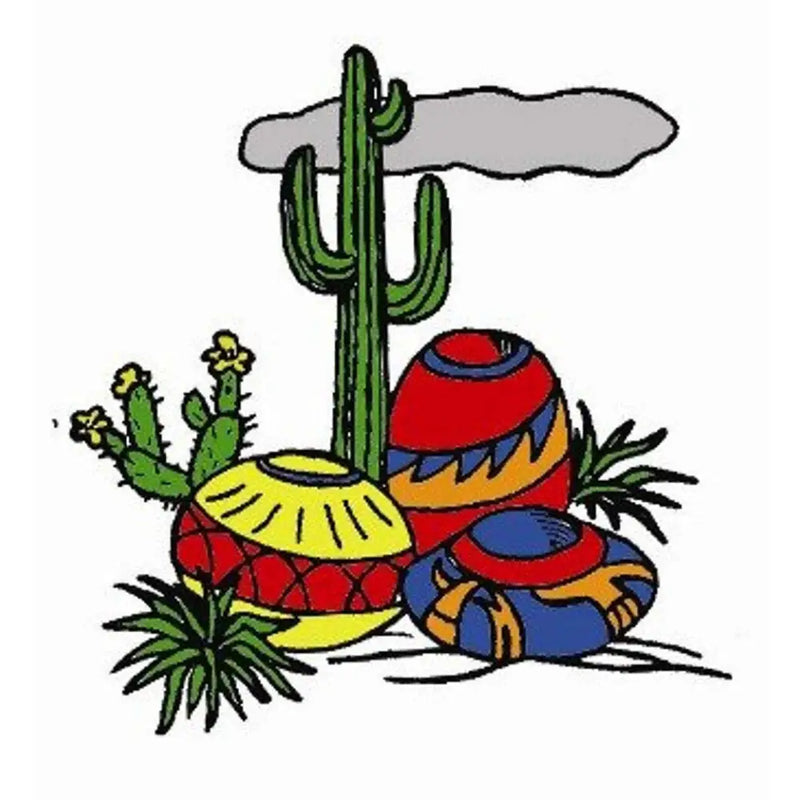 Saguaro cactus with colorful pottery and desert plants in Aunt Martha’s 3853 Southwest design