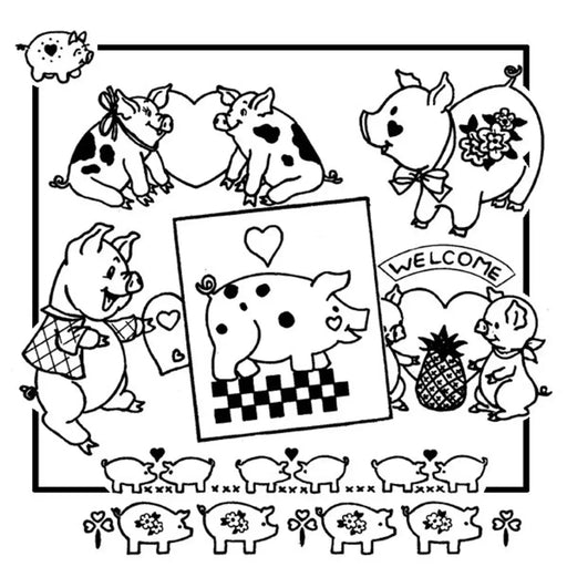 Black and white cartoon of Aunt Martha’s Hearty Pigs decorative artwork