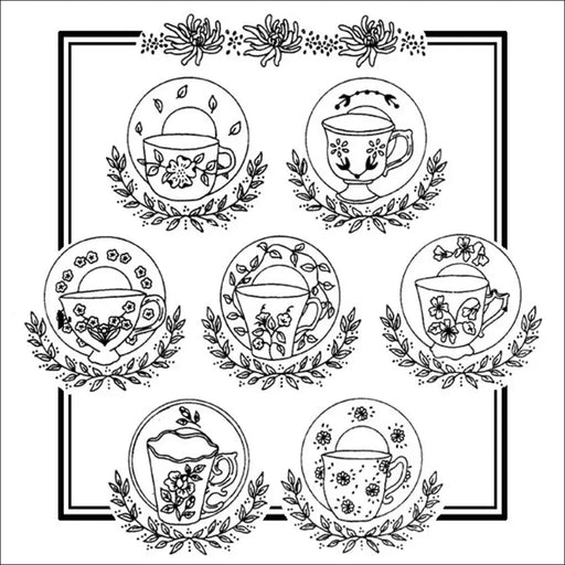 Collection of Aunt Martha’s floral teacups and teapots surrounded by laurel wreaths