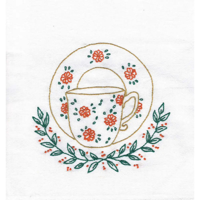 Floral Teacups by Aunt Martha’s featuring coral flowers and green leaves embroidery