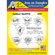 Iron-on transfer pattern sheet showcasing Aunt Martha’s floral teapots designs