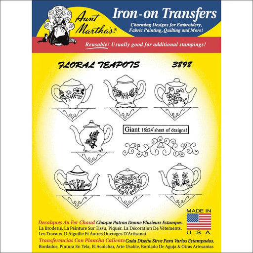 Iron-on transfer pattern sheet showcasing Aunt Martha’s floral teapots designs