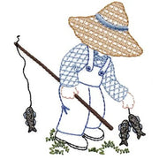 Embroidered Aunt Martha’s Denim Dan figure in overalls and straw hat with fishing pole
