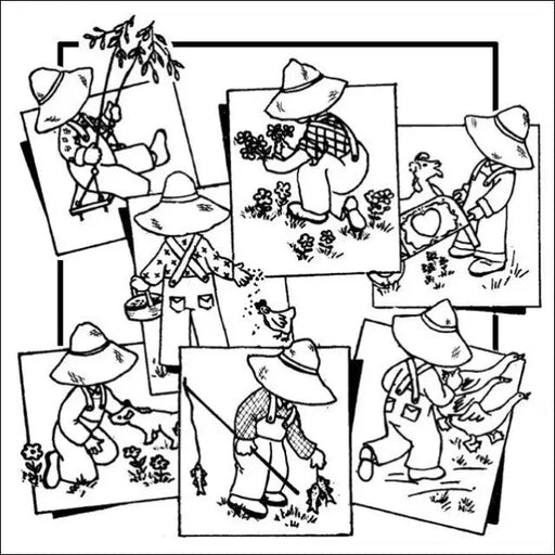 Cartoon sketches of a gardener showcasing activities for Aunt Martha’s Denim Dan