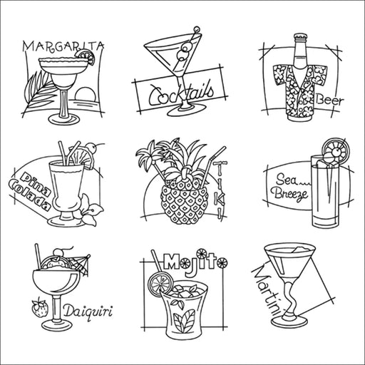 Simple line drawings of cocktails for Aunt Martha’s #4012 Happy Hour collection