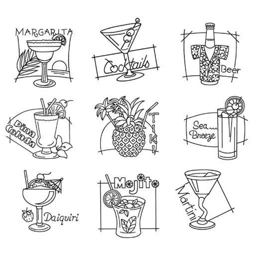 Simple line drawings of cocktails for Aunt Martha’s #4012 Happy Hour collection