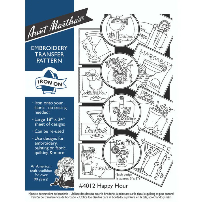 Aunt Martha’s #4012 Happy Hour embroidery transfer pattern with cocktail designs