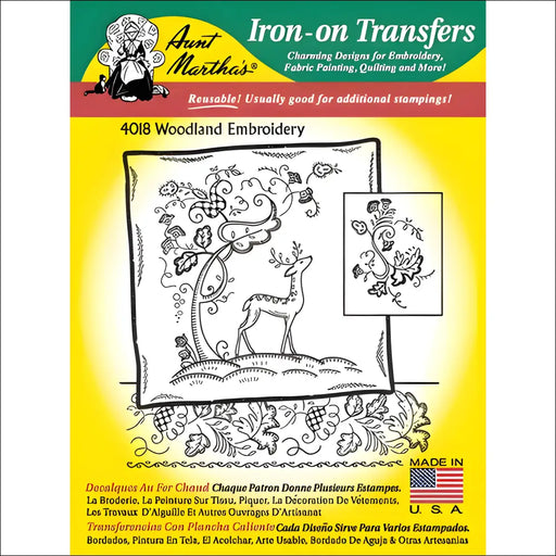 Iron-on transfer pattern of deer with floral vine for Aunt Martha’s Woodland Embroidery
