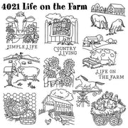 Collection of rustic farm-themed line drawings from Aunt Martha’s quilting designs