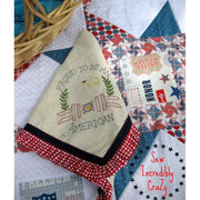 Patriotic embroidered fabric featuring Proud to be American from Aunt Martha’s quilting collection
