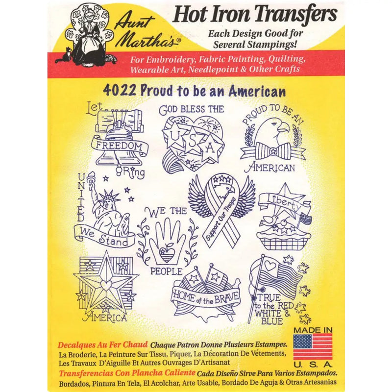 Hot iron transfer pattern sheet with patriotic designs by Aunt Martha’s for quilting projects