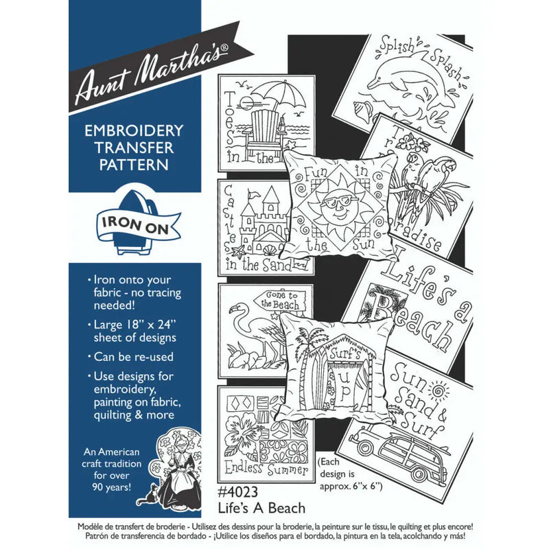 Aunt Martha’s #4023 Life’s A Beach iron-on embroidery transfer pattern featuring beach designs
