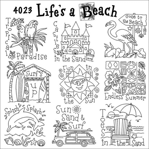 Beach-themed line drawings of palm trees and surfboards from Aunt Martha’s #4023 collection