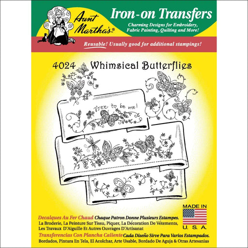 Iron-on transfer pattern of Aunt Martha’s whimsical butterflies and floral designs