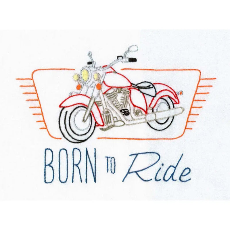 Hand-drawn red motorcycle illustration with text Born To Ride for Aunt Martha’s Big Wheels