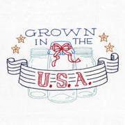 Hand-drawn illustration of Aunt Martha’s Well Preserved mason jars with patriotic banner
