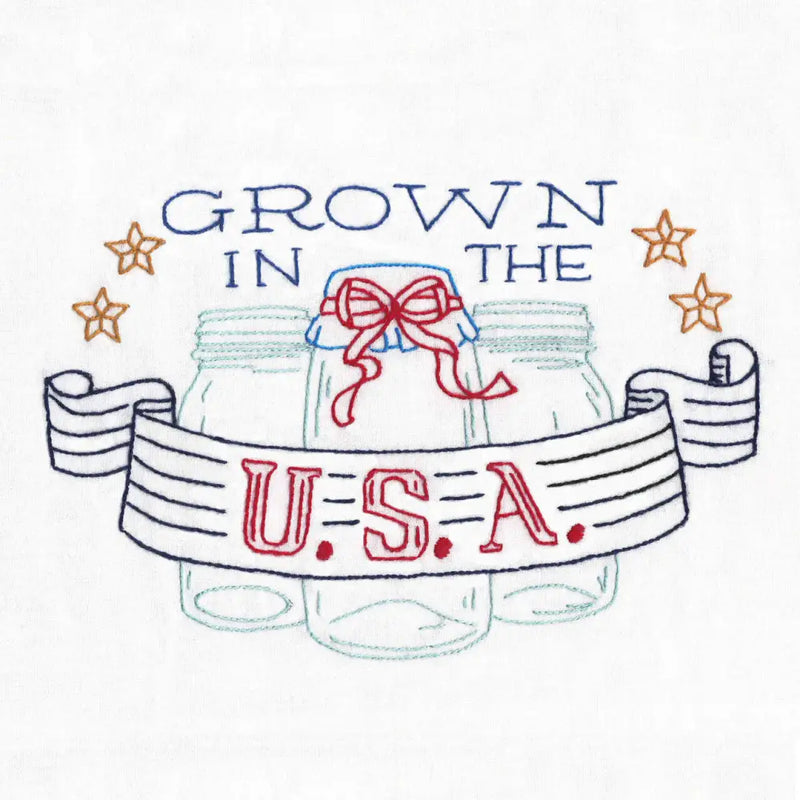 Hand-drawn illustration of Aunt Martha’s Well Preserved mason jars with patriotic banner