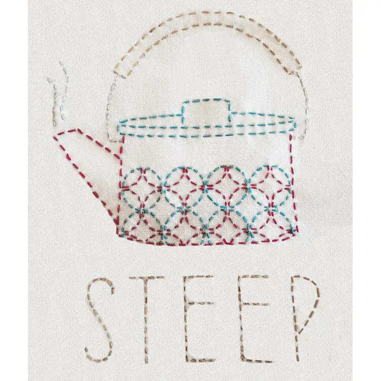 Hand-embroidered teapot design with geometric pattern in Aunt Martha’s Sashiko Japanese Embroidery