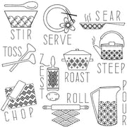 Collection of Aunt Martha’s Sashiko Japanese Embroidery kitchen patterns featuring utensils