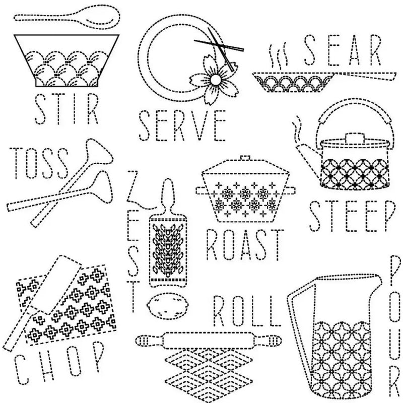Collection of Aunt Martha’s Sashiko Japanese Embroidery kitchen patterns featuring utensils