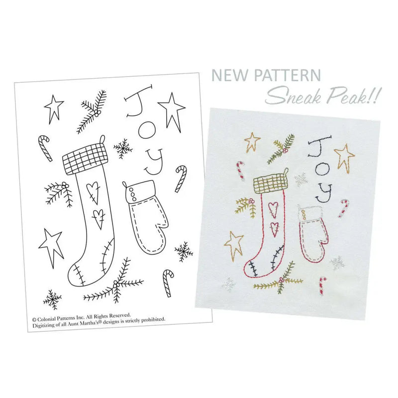 Christmas stocking and mitten embroidery pattern from Aunt Martha’s Primitive Christmas