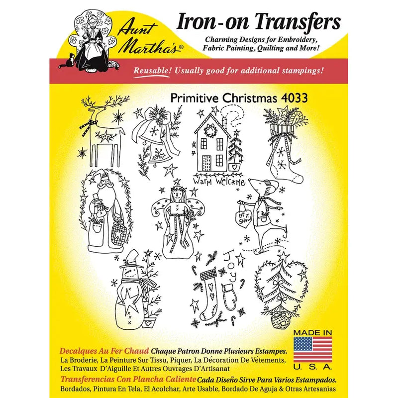 Iron-on transfer sheet showcasing Aunt Martha’s Primitive Christmas designs and patterns