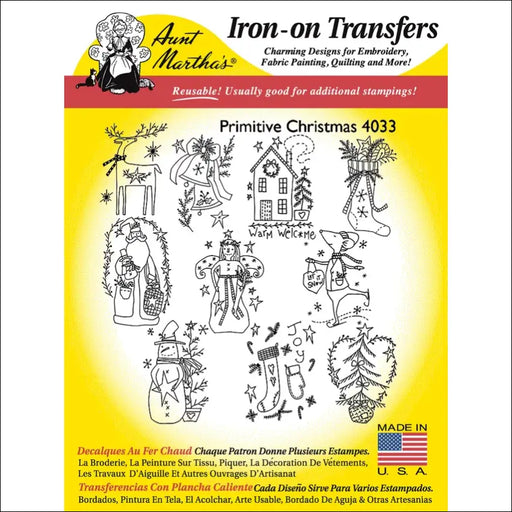 Iron-on transfer sheet showcasing Aunt Martha’s Primitive Christmas designs and patterns