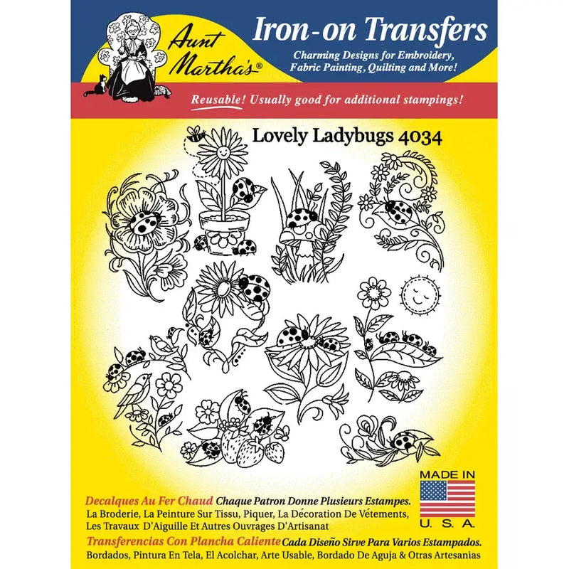 Iron-on transfer sheet with lovely ladybugs and flowers from Aunt Martha’s collection